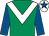 Emerald green, white chevron, royal blue sleeves, white cap, royal blue star (G Langan)