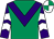 Emerald green, purple chevron, purple and white chevrons on sleeves, white and emerald green quartered cap (Hodsoll, Chapple-hyam, Bryan Hirst Ltd)
