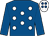 Royal blue, white spots, royal blue sleeves, white cap, royal blue spots (Mrs K J Stephens)