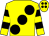 Yellow, large black spots, hooped sleeves and spots on cap (Mrs Jean Beavan)