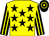 Yellow, black stars, black and yellow striped sleeves, hooped cap (Mrs C Dennis)