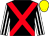 Black, red cross belts, white and black striped sleeves, yellow cap (The Golden Horse Racing Club)
