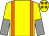 Yellow, orange braces, yellow and grey halved sleeves, yellow cap, orange stars (Gale Force One)