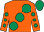 Orange, large emerald green spots, orange sleeves, emerald green spots, emerald green cap (Mr Stephen Quinlan)