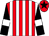 Red and white stripes, black sleeves, white armlets, red cap, black star (Strictly Come Racing)