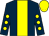 Dark blue, yellow stripe, dark blue sleeves, yellow spots, yellow cap (Mrs B Quinn)