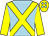 Light blue body, yellow cross sashes, yellow arms, yellow cap, light blue spots (A Elferjani)