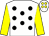 White, black spots, yellow sleeves, white cap, yellow spots (John F Dorrian)