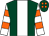 Dark green, white stripe, white and orange hooped sleeves, dark green cap, orange spots (Mr Ryan Carroll)