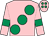 Pink, large emerald green spots, armlets and spots on cap (Miss Samantha Dare)