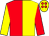 Red and yellow (halved), sleeves reversed, yellow cap, red spots (Mr M S Saunders)