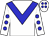 White, blue chevron, white sleeves, blue spots, white cap, blue spots (Mrs M J Erasmus)