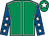 Emerald green, white seams, royal blue sleeves, white stars, emerald green cap, white star (Star Of Sierra Syndicate)