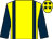 Yellow, dark blue braces, sleeves and stars on cap (Mrs D C Webb)