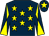 Dark blue, yellow stars, diabolo on sleeves and star on cap (Mrs D Stevens & Partner)