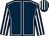 Dark blue, white seams, striped sleeves & cap (Mrs M V Magnier)