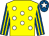 Yellow, white spots, royal blue and yellow striped sleeves, royal blue cap, white star (Mr S Rudolf)