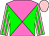 Neon pink and green diagonal quarters, pink sleeves, green stripes, pink cap (Andrew Rosen)