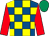 Royal blue & yellow check, red sleeves, emerald green cap (Mrs Kathleen Clifford)