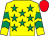 Yellow, emerald green stars, emerald green chevrons on sleeves, red cap (Ballygowan Ramblers Syndicate)