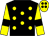 Black, yellow spots, yellow sleeves, black armlets and spots on yellow cap (Scotney/symonds/fisher Partnership)
