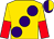 Gold, purple large spots, gold and red halved sleeves, purple and gold halved cap (Mr Hamen Fan)