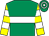 Emerald green, white hoop, yellow and white hooped sleeves, emerald green and white hooped cap (Mrs Eileen Smith)