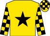 Gold, black star, gold & black checked sleeves and halved cap (William Tsang)