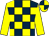 Dark blue & yellow check, yellow sleeves, quartered cap (We Love Racing Syndicate)