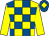 Yellow & royal blue check, yellow sleeves, royal blue cap, yellow diamond (Dancing D Queen Syndicate)