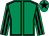 Emerald green, black seams, striped sleeves, black star on cap (T J McDonald)