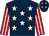 Dark blue, white stars, red & white striped sleeves, dark blue cap, white stars (Trump Syndicate)