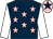 Dark blue, pink stars, white sleeves, pink cap, dark blue star (Mr E Wilson)
