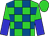 Lime green and royal blue blocks, lime and blue halved sleeves, lime cap (Herradura Racing)