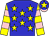 Blue, yellow stars, yellow and pink hooped sleeves, blue cap, yellow star, pink peak (Ms Yvette Bremner & Mr F H McGrath)