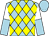 Light blue and yellow diamonds, white and light blue halved sleeves, light blue cap (Kristen McEwen & Caroline Head)
