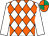 White & orange diamonds, white sleeves, emerald green & orange quartered cap (Miss Louise Austin)