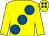 Yellow, large royal blue spots, royal blue spots on cap (Ms Sybil McCarthy)
