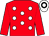 Red, white spots, red sleeves, white cap, black hoop (Denis Hickey)