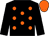 Black, orange spots, black sleeves, orange cap (Mr Edwin S Phillips)