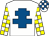 White, royal blue cross of lorraine, white and yellow check sleeves, white and royal blue check cap (Top Hat Racing Club)