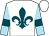White, teal fleur de lys, teal bars on sky blue sleeves, white cap (Courtney Barousse)