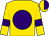 Gold, purple ball, purple bars on sleeves, gold and purple halved cap (Thomas Conway)