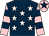 Dark blue, white stars, pink and dark blue hooped sleeves, pink cap, dark blue star (Mr J Jackson-stops)