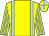 Yellow, light blue braces, striped sleeves, quartered cap (Mrs J Way)