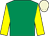 Emerald green, yellow sleeves, beige cap (Mrs E Scott)