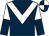 Dark blue, white chevron, white and dark blue halved sleeves, dark blue and white quartered cap (Mrs Sue Adams & Mr S P Adams)