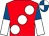 Red, large white spots, royal blue and white halved sleeves, royal blue and white quartered cap (Mr Steve Spice)