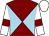 Maroon and light blue diabolo, white sleeves, maroon armlets, white cap (Making Hay)