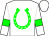 White, green horseshoe, green bars on white sleeves (Angela Dowden)